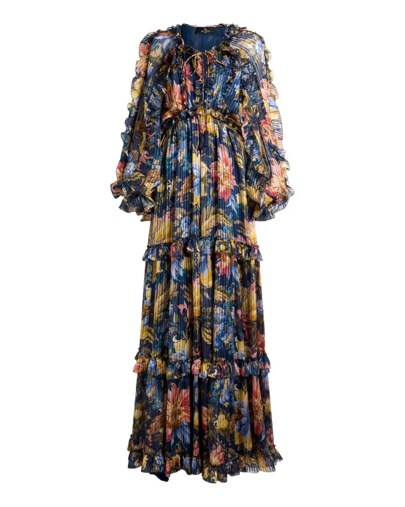 Etro Langes Seidenkleid mit Rüschen und Blumenmotiv - Blau Blau