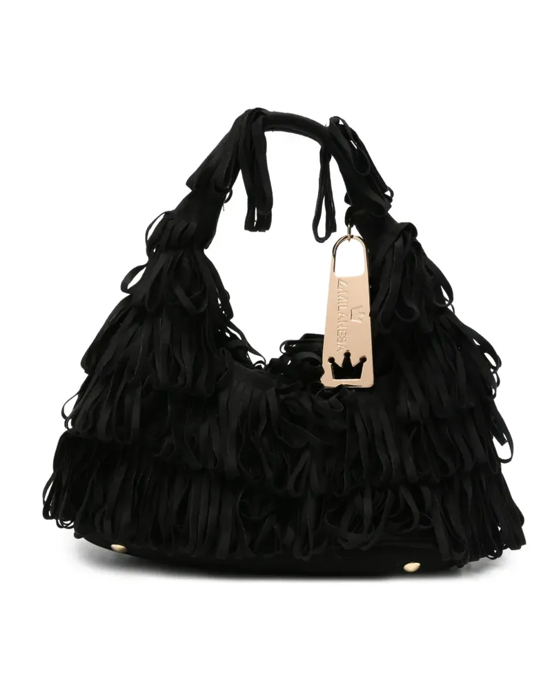 La Milanesa Clutch mit Fransen und Logo-Schild - Schwarz Schwarz