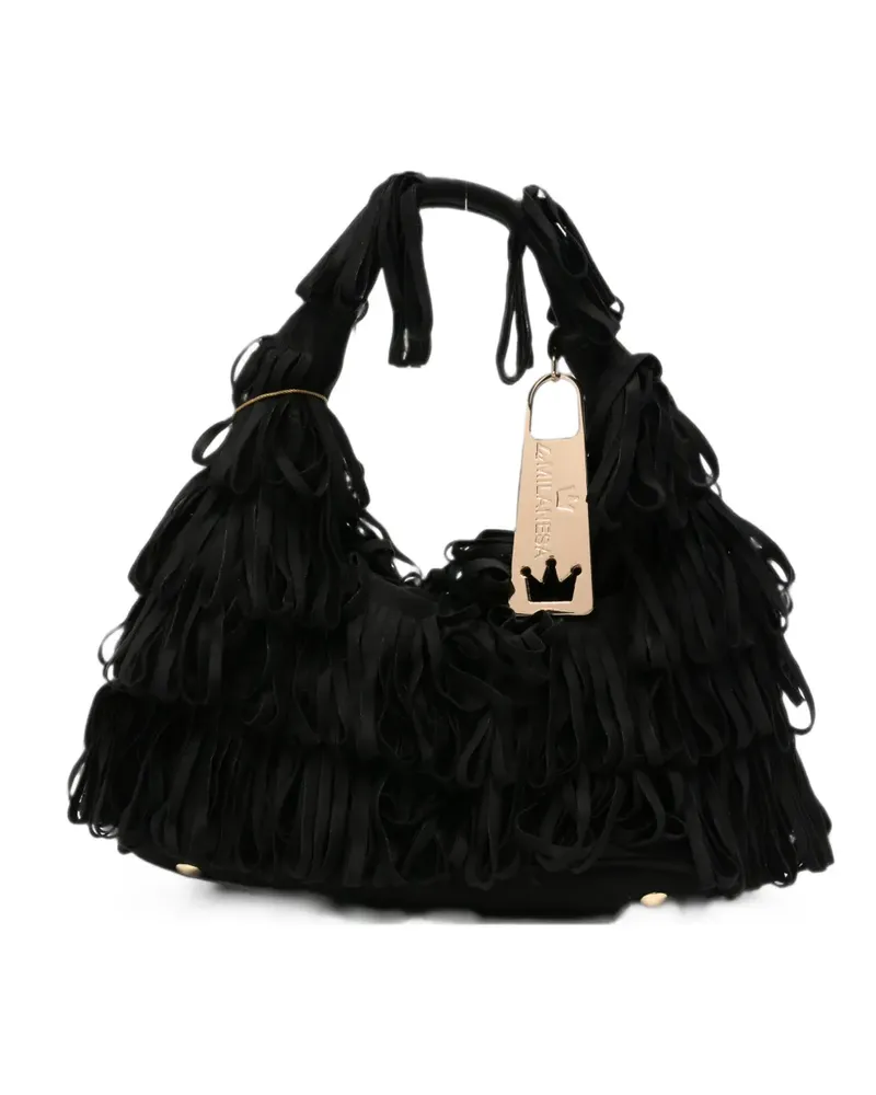 La Milanesa Clutch mit Fransen und Logo-Schild - Schwarz Schwarz