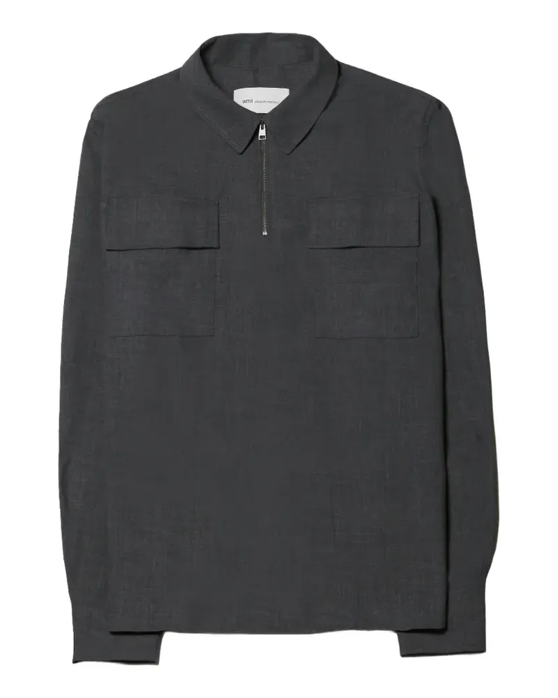 AMI Paris Poloshirt mit Brusttasche und kurzem Reißverschluss - Grau Grau
