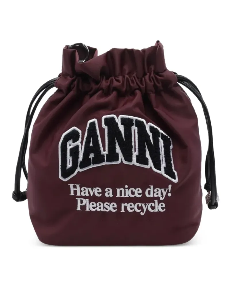 Ganni logo-patch drawstring bucket bag - Braun Braun