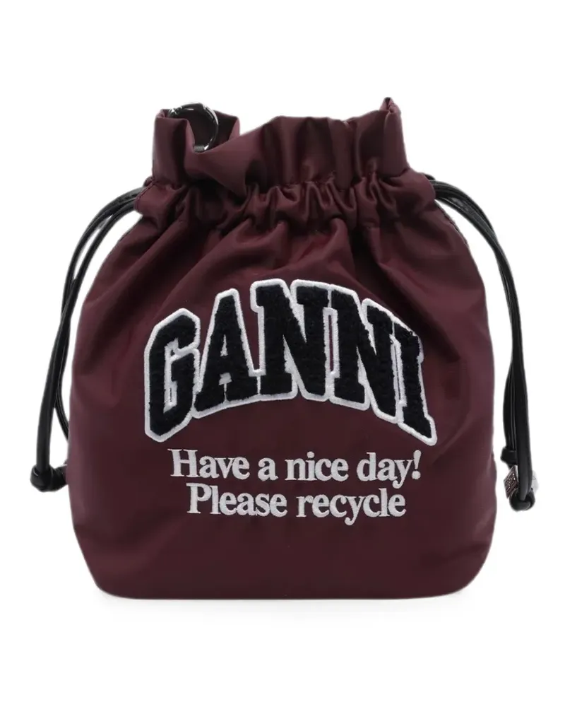 Ganni logo-patch drawstring bucket bag - Braun Braun