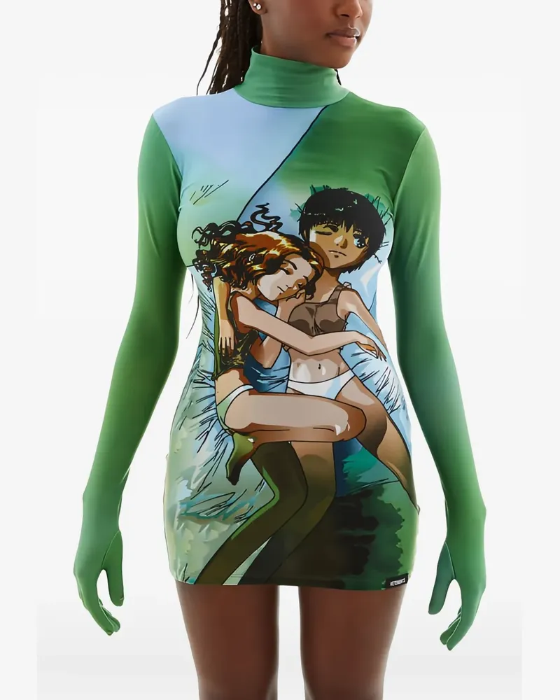 VETEMENTS graphic-print turtleneck mini dress - Grün Grün