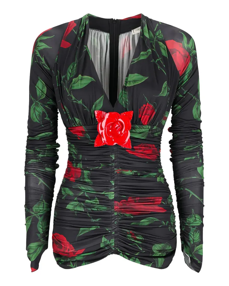Blumarine rose-print ruched blouse - Schwarz Schwarz