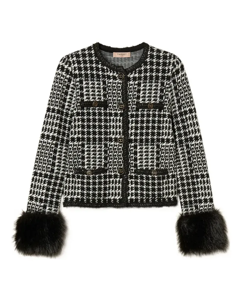Twin-Set Karierte Jacke mit Faux Fur - Schwarz Schwarz
