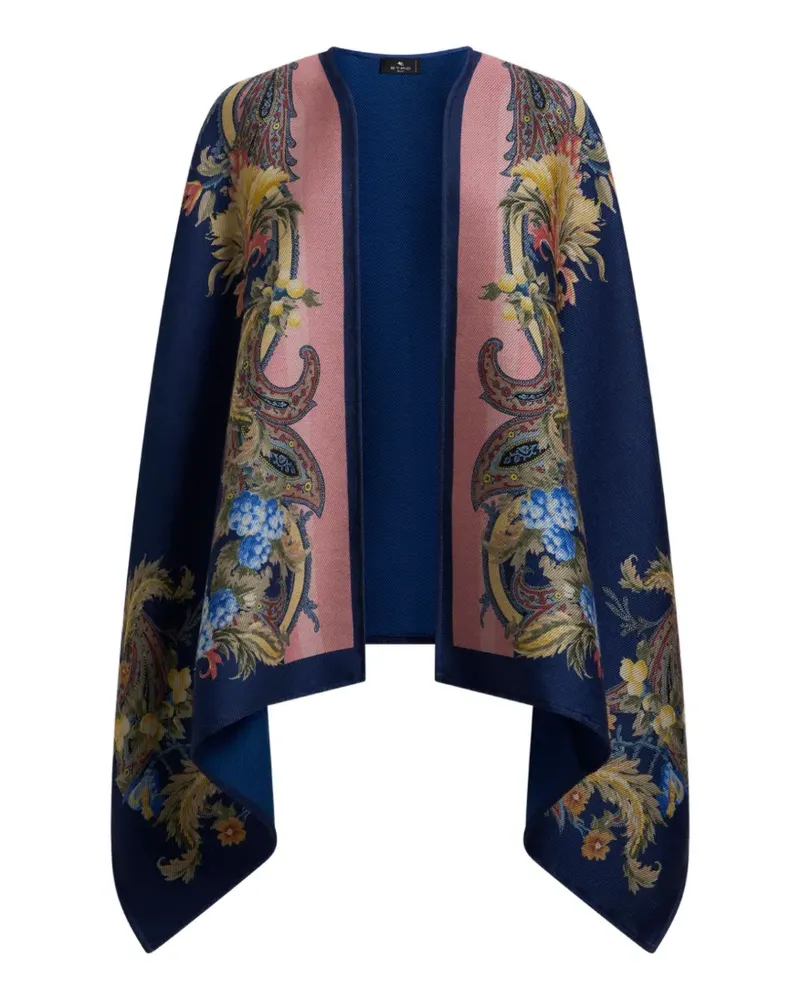 Etro wool cape with placed floral Paisley print - Blau Blau