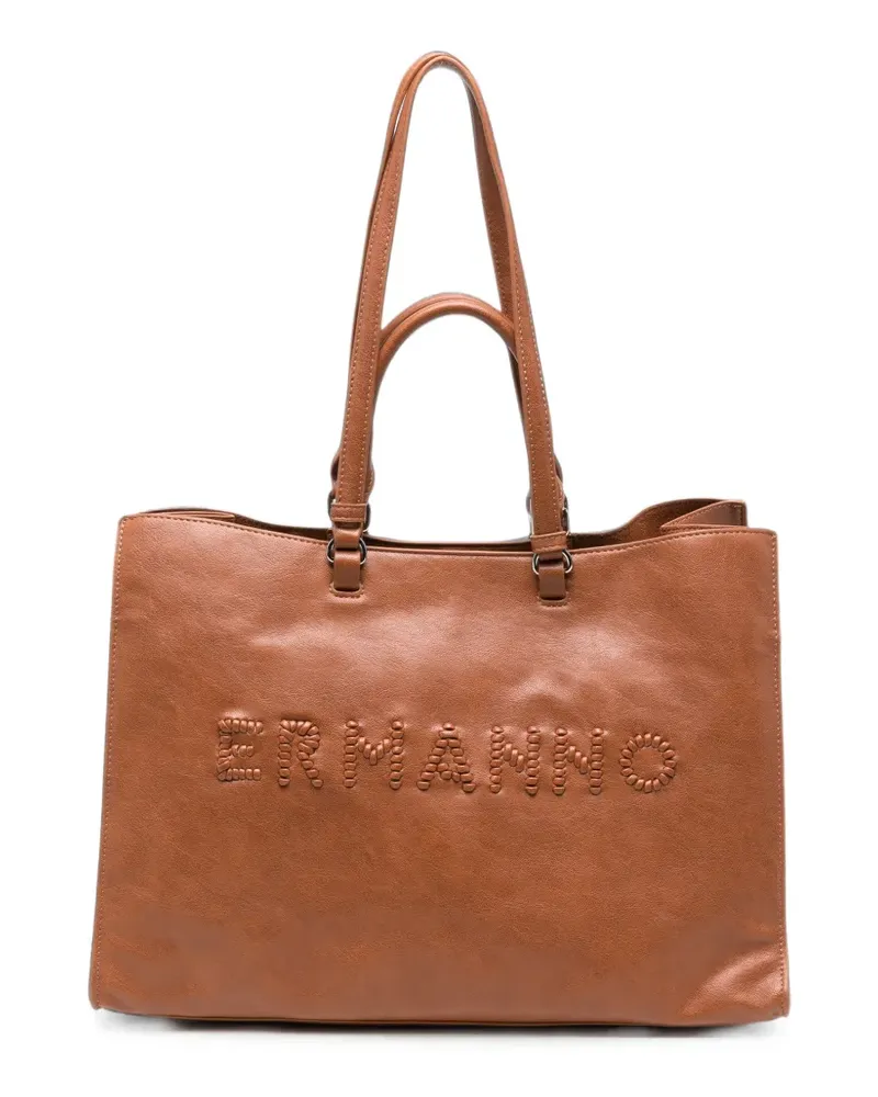 Ermanno Scervino large logo-embroidered leather tote bag - Braun Braun
