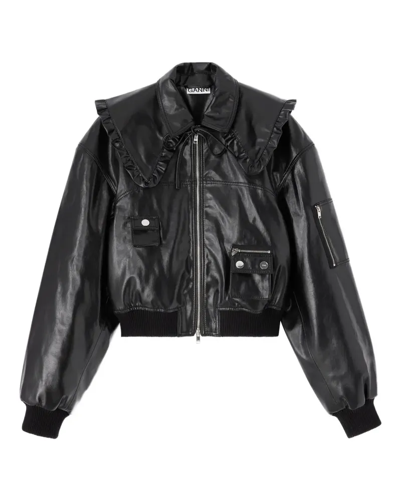Ganni Bikerjacke mit Rüschenkragen - Schwarz Schwarz