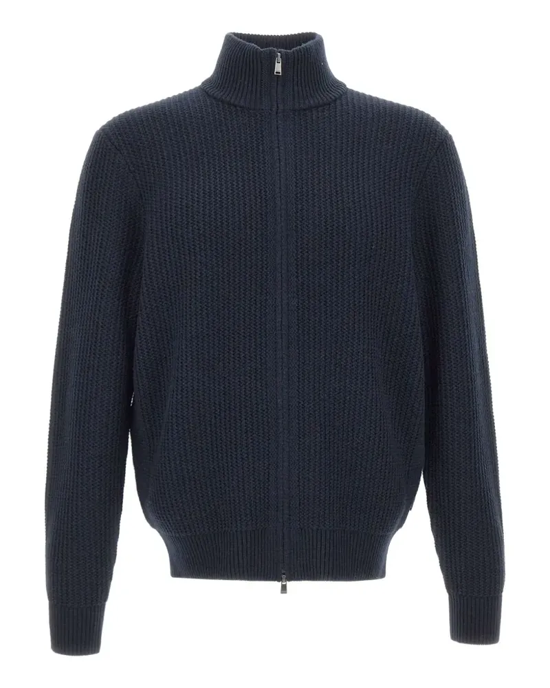 HUGO BOSS cardigan with zipper closure in structured virgin wool and cashmere - Blau Blau