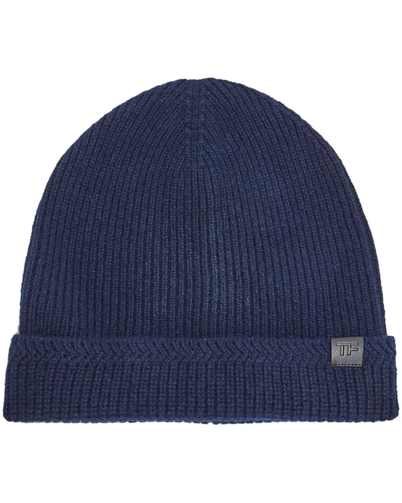 Tom Ford Gerippte Beanie mit Logo-Patch - Blau Blau