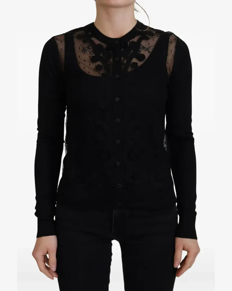 Dolce & Gabbana Cardigan mit Spitzeneinsatz und Blumenapplikation - Schwarz Schwarz