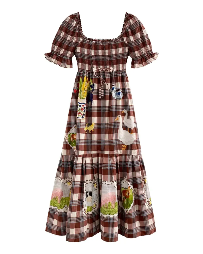 FARM Rio brown Country Table tartan smocked maxi dress - Braun Braun
