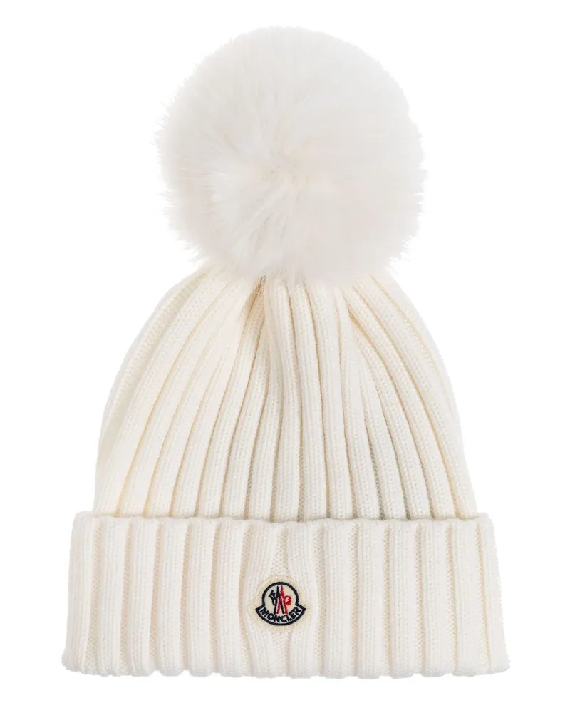 Moncler Beanie mit Bommel - Weiß Weiß