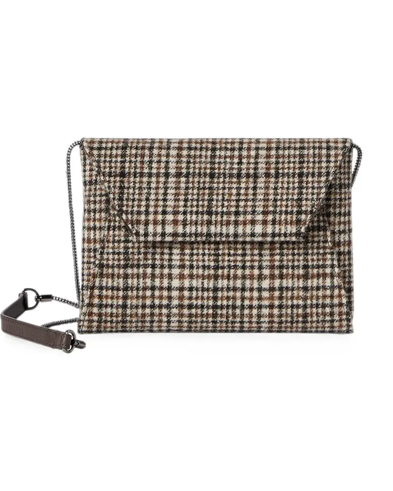 Brunello Cucinelli Duo Pochette aus wasserabweisendem Alpaka und Wollkaro mit Kette - Nude Nude