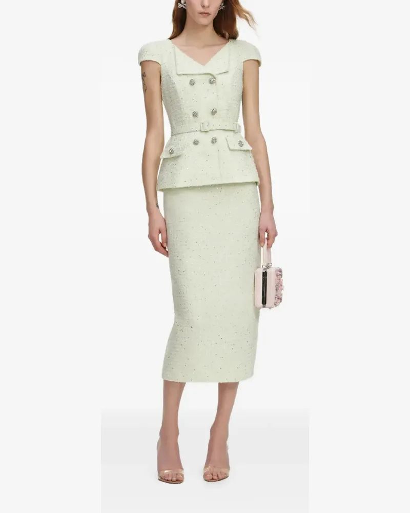 Self-Portrait button belted boucle midi dress - Grün Grün