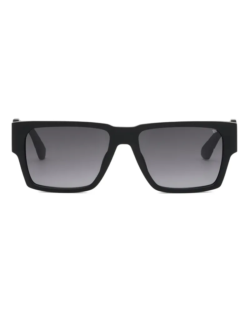 Philipp Plein Eckige Sonnenbrille mit Logo-Schild - Schwarz Schwarz