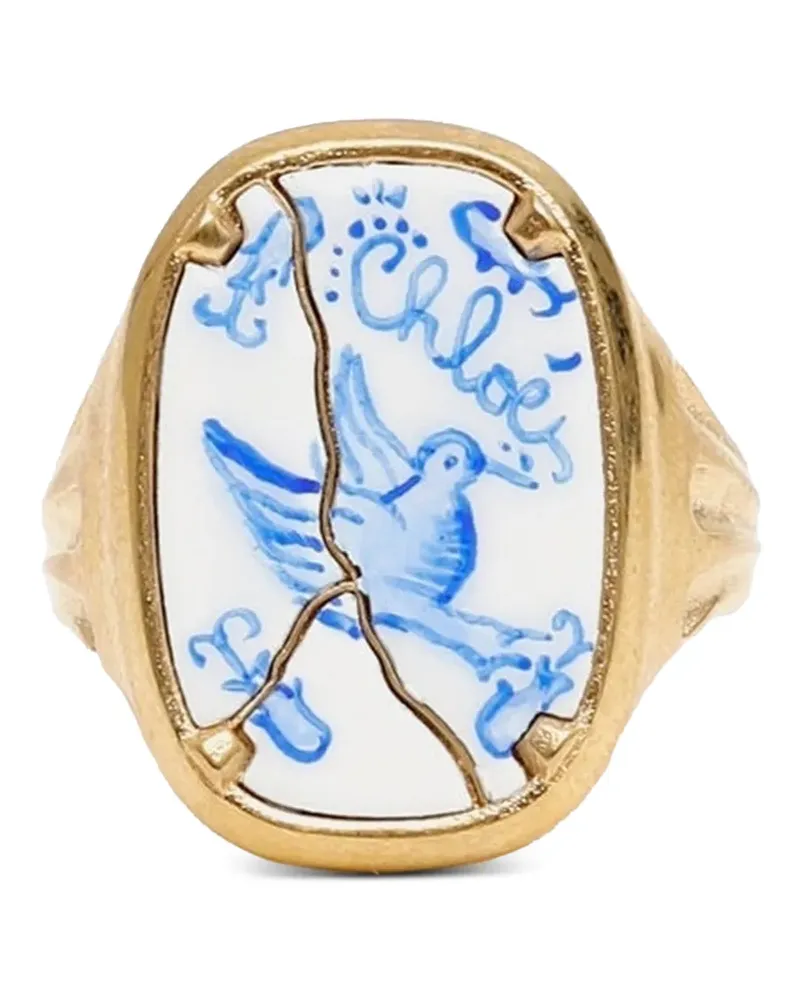Chloé Hummingbird ceramic-inlay signet ring - Gold Gold