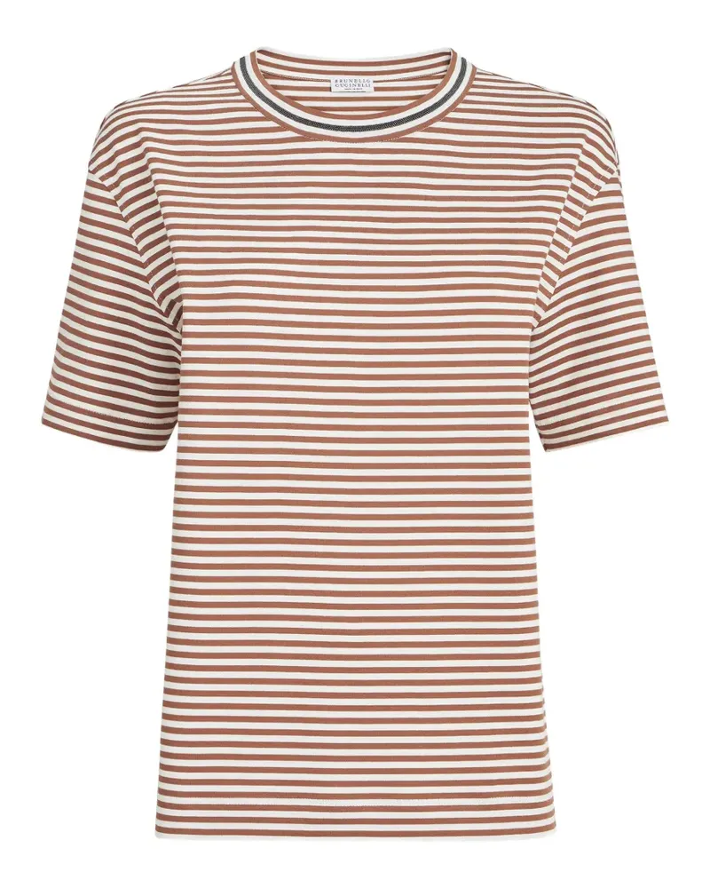 Brunello Cucinelli striped cotton jersey t-shirt with precious neckline - Braun Braun