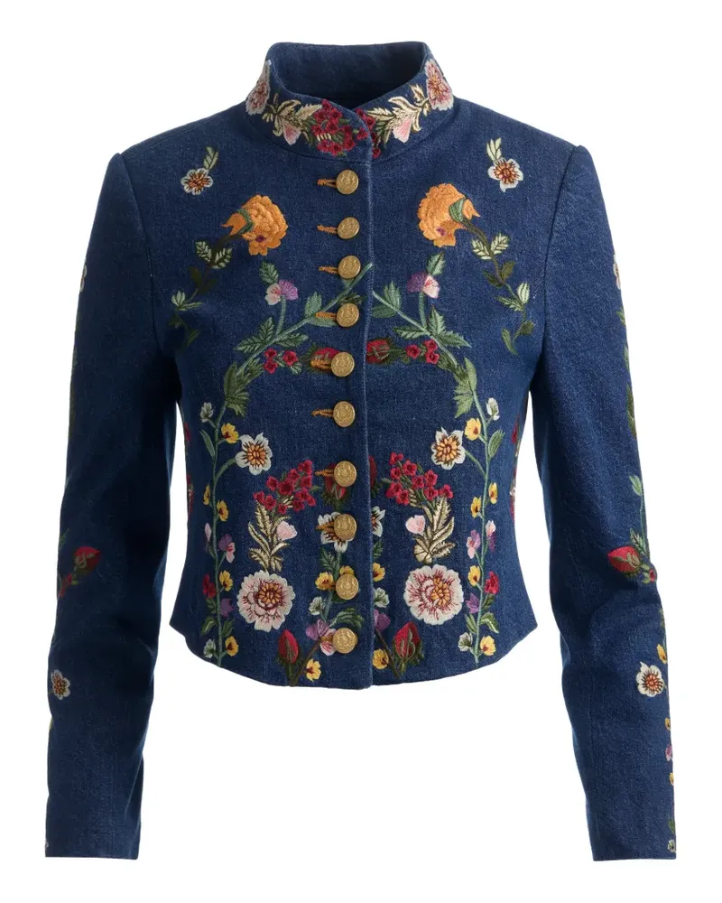 Alice + Olivia Geknöpfte Emmerson Jeansjacke mit Blumenstickerei - Blau Blau