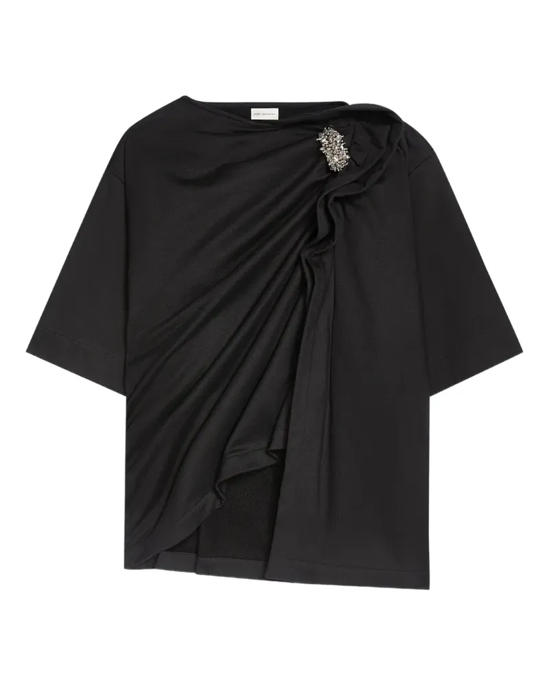 Dries van Noten Drapiertes T-Shirt mit Brosche - Schwarz Schwarz