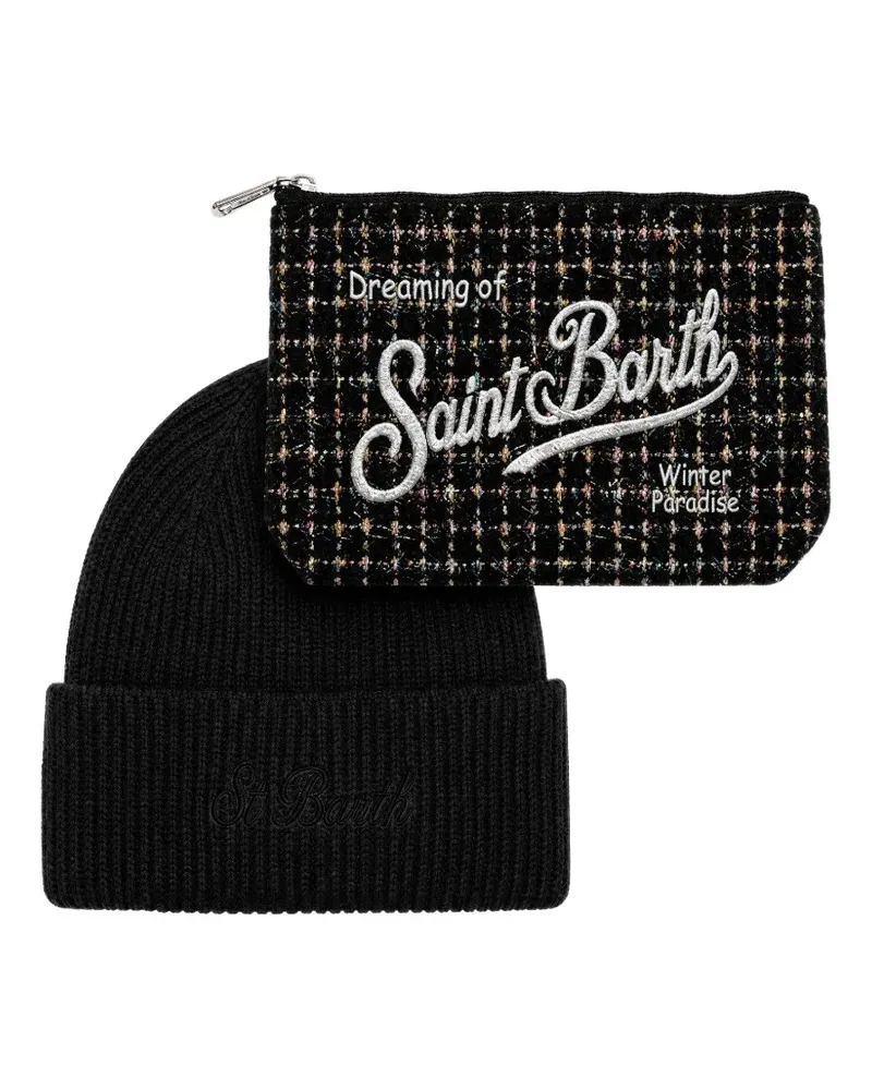 MC2 Saint Barth Set aus schwarzer Tweed-Tasche und schwarzer Beanie Schwarz