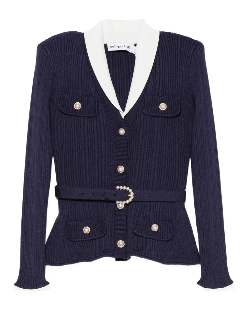 Self-Portrait belted ribbed-knit cardigan - Blau Blau