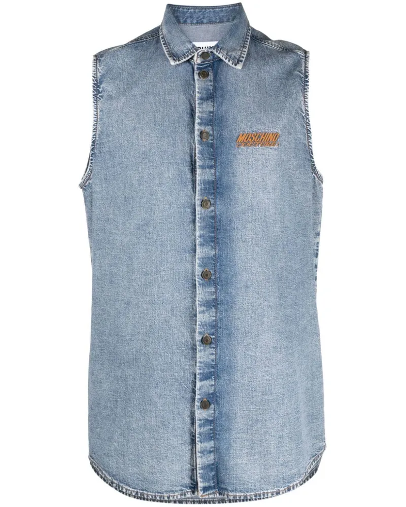 Moschino Ärmelloses Jeanshemd mit Logo-Stickerei Blau