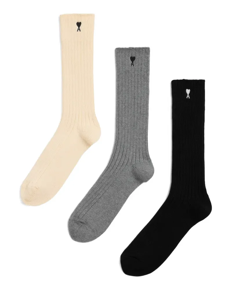 AMI Paris cotton three-pack socks with Ami de Coeur - Grau Grau