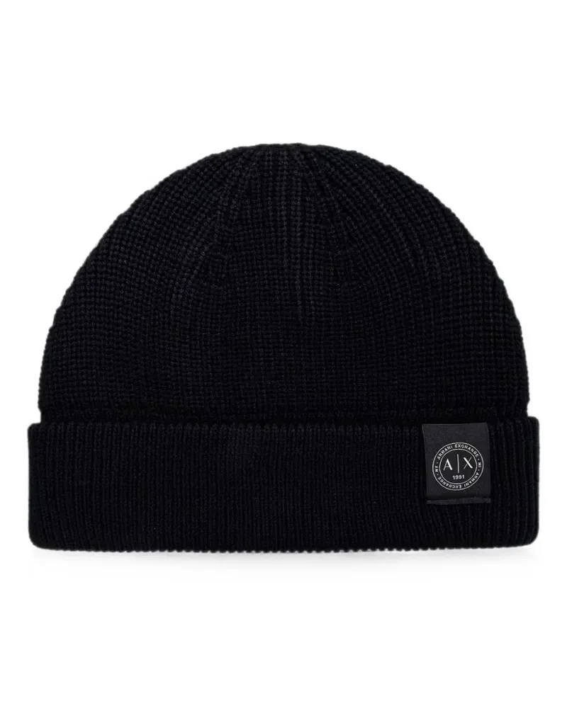 Armani Exchange logo-patch waffle-knit beanie hat - Schwarz Schwarz