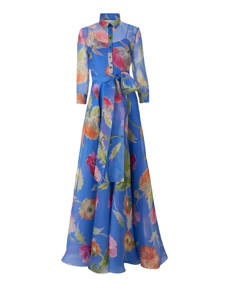 Carolina Herrera New York Poppy-print organza trench gown - Blau Blau