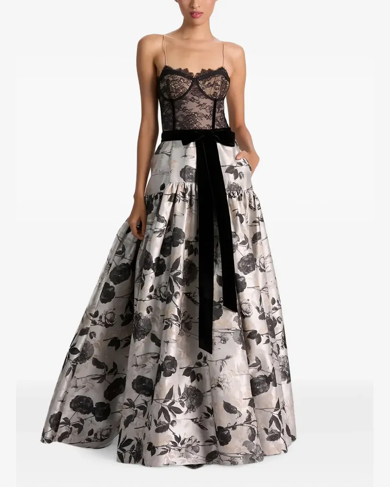 Alice + Olivia Jacquard-Abendkleid mit Spitzeneinsätzen - Schwarz Schwarz