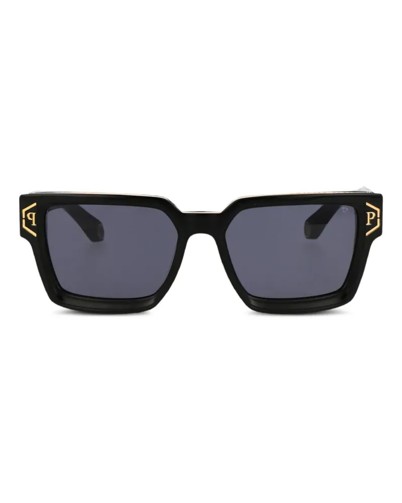 Philipp Plein Eckige Sonnenbrille mit Logo - Schwarz Schwarz