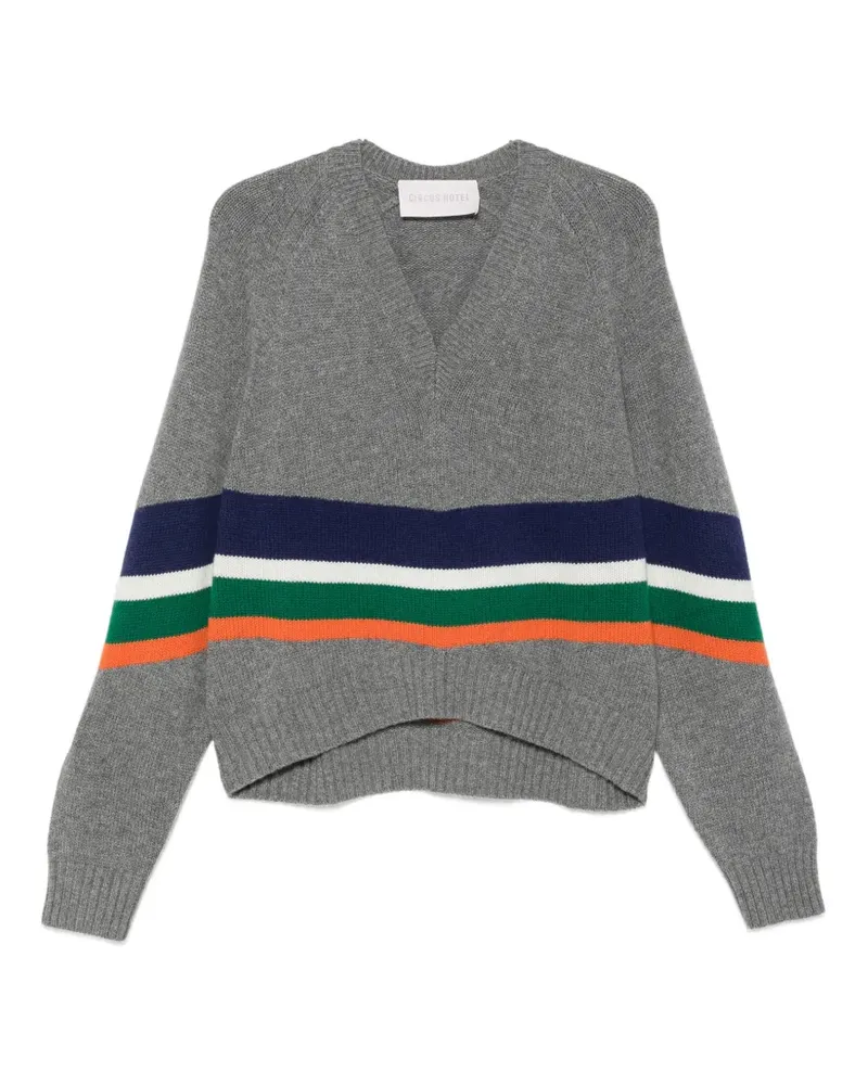 Circus Hotel Gestreifter Pullover mit V-Ausschnitt - Grau Grau