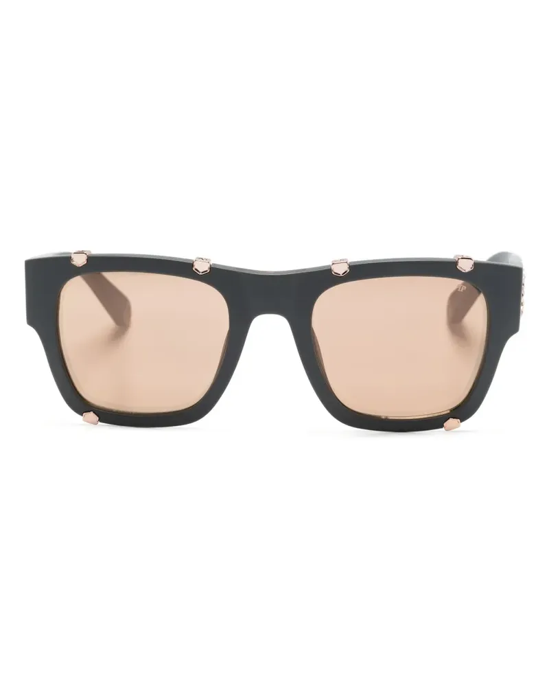 Philipp Plein Eckige Sonnenbrille mit Logo-Schild - Grau Grau
