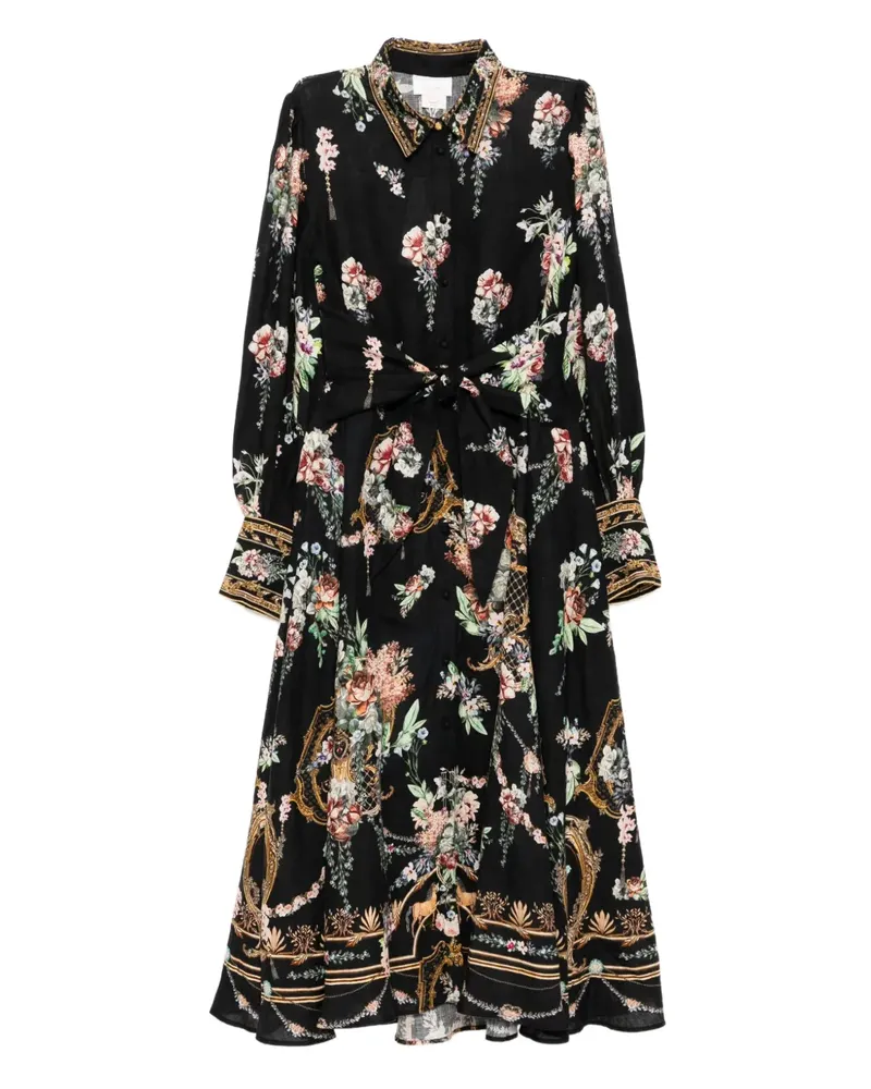 Camilla Kleid aus Leinen mit Blumen-Print - Schwarz Schwarz