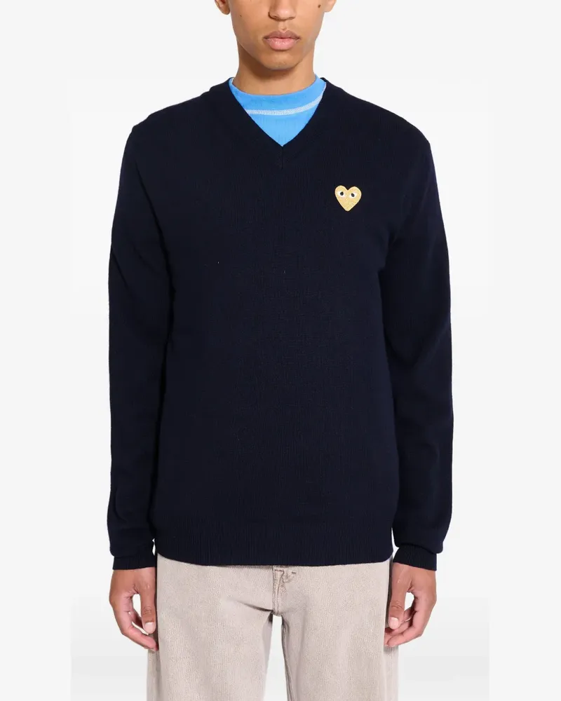 Comme des Garçons heart-patch V-neck sweater - Blau Blau