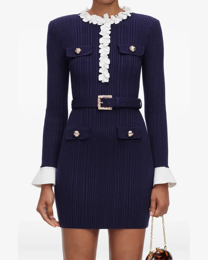 Self-Portrait Geripptes Navy Flower Minikleid - Blau Blau