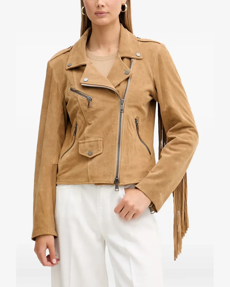 VICOLO fringe-detail suede biker jacket - Nude Nude