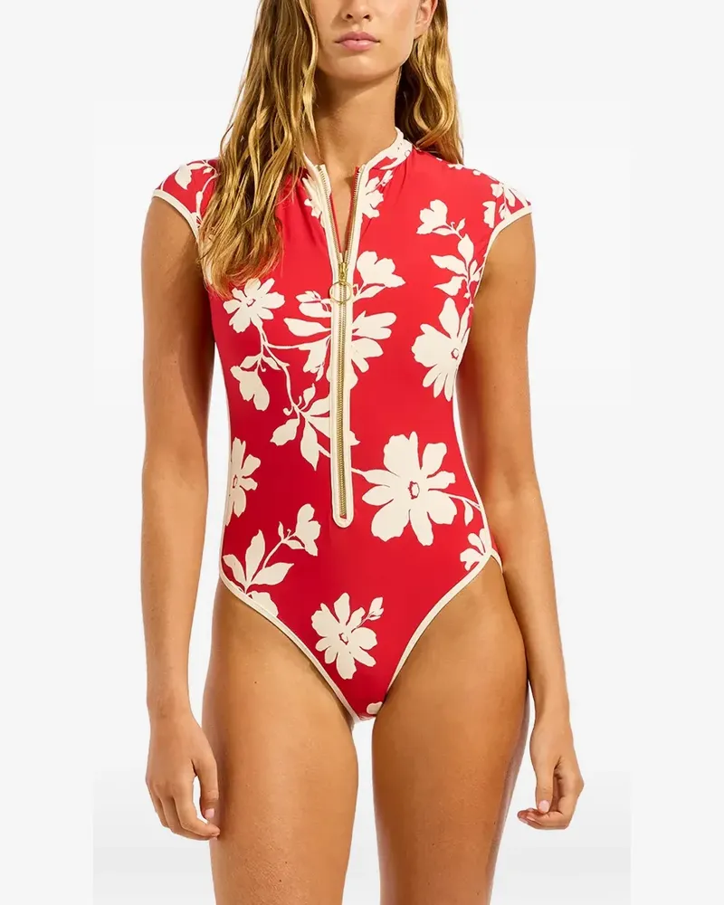 Seafolly Australia floral-print cap-sleeve swimsuit - Rot Rot