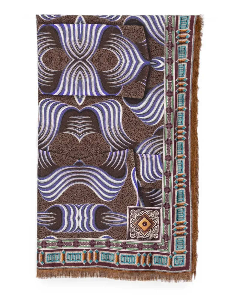 Pierre-Louis Mascia abstract-print frayed-edge scarf - Braun Braun