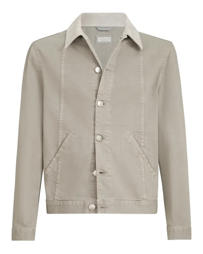 Brunello Cucinelli Garment-dyed outerwear jacket in comfort cotton lightweight denim with leather collar - Nude Nude