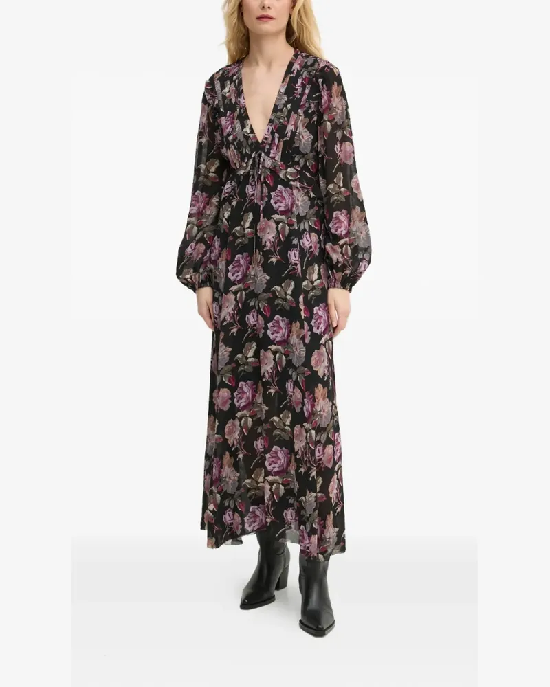 The Kooples floral-pattern V-neck midi dress - Schwarz Schwarz