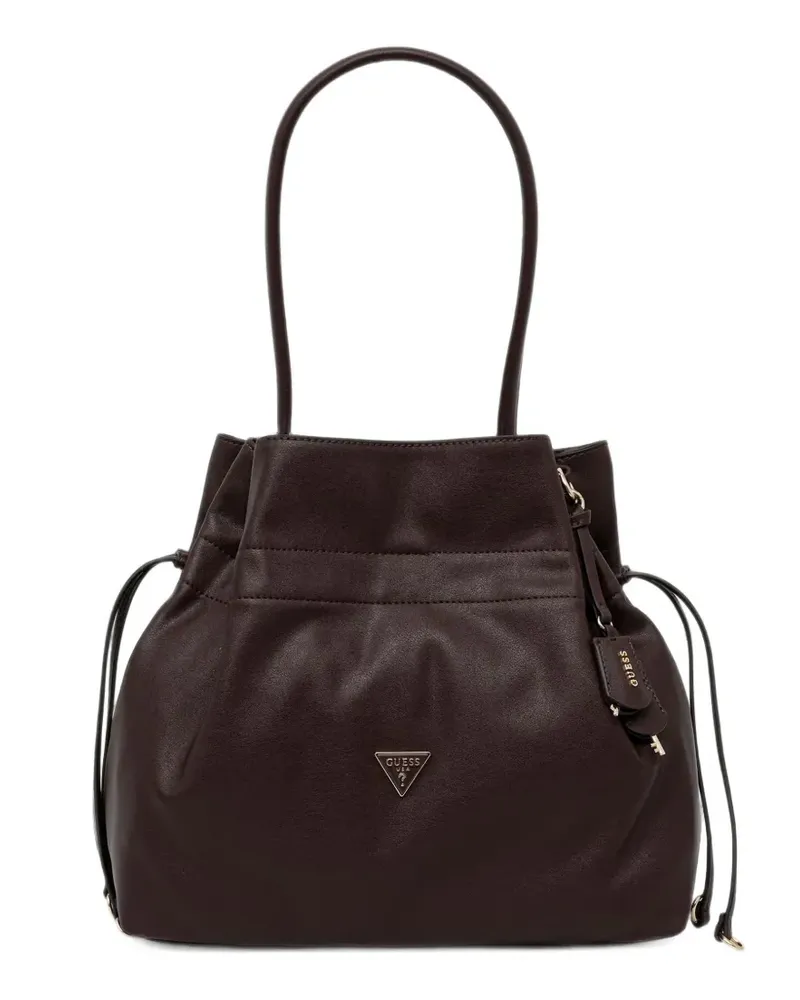 Guess Karima Tote Bag mit Kordelzug und Logoplakette - Braun Braun