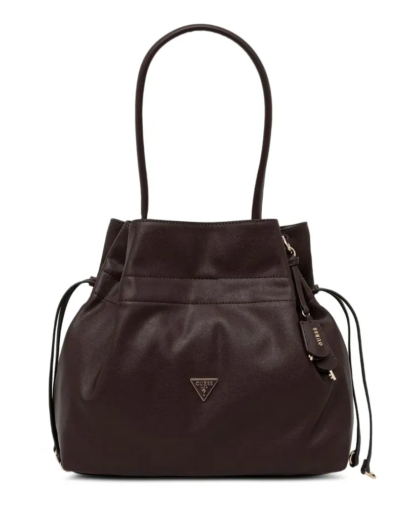 Guess Karima Tote Bag mit Kordelzug und Logoplakette - Braun Braun