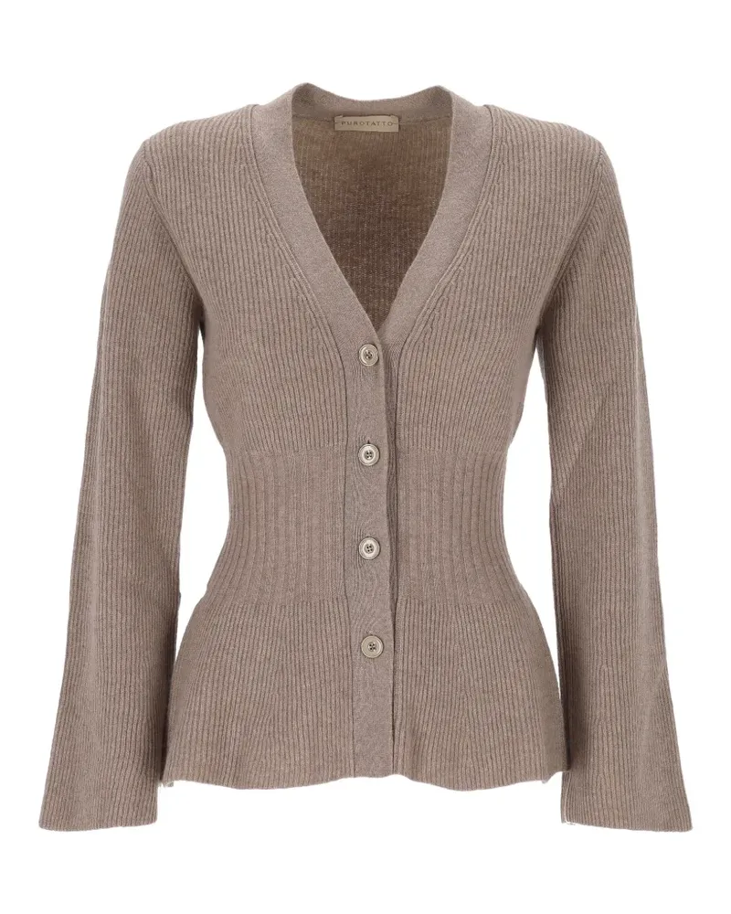 Purotatto Gerippter Cardigan mit V-Ausschnitt - Braun Braun