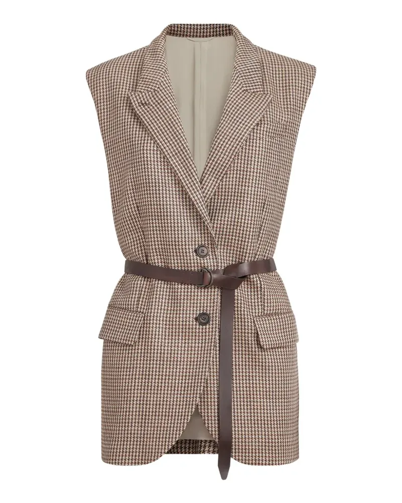 Brunello Cucinelli Funkelnde Hahnentrittweste aus Schurwolle mit Ledereinsätzen, Gürtel und Monili - Nude Nude