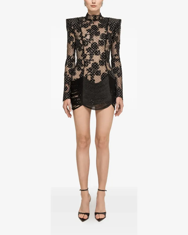 NISSA fringed-hem lace-embellished mini dress - Schwarz Schwarz