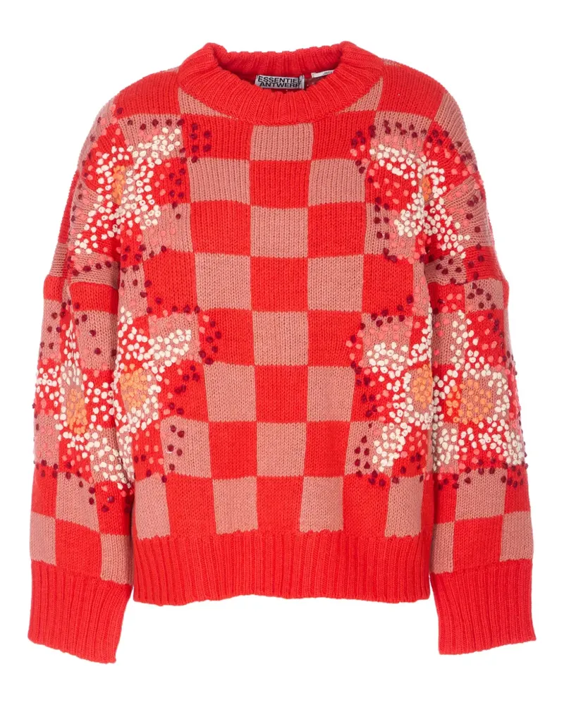Essentiel Karierter Pullover mit Stickerei - Rot Rot