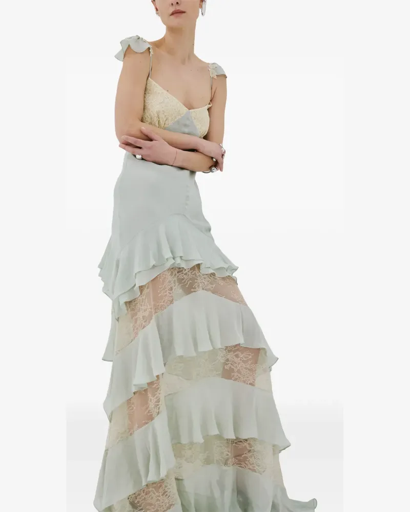 De La Vali Gerüschtes Auralite Maxikleid aus Spitze - Grün Grün