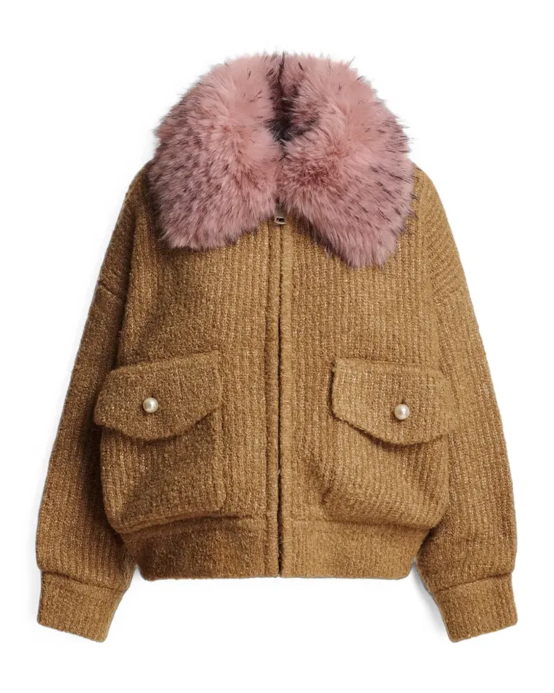 Essentiel Kanada Bouclé-Cardigan mit Faux Fur-Kragen - Braun Braun